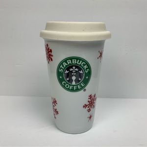 Starbucks 2010 Travel Tumbler Red Snowflakes White Ceramic Mug With Silicone Lid